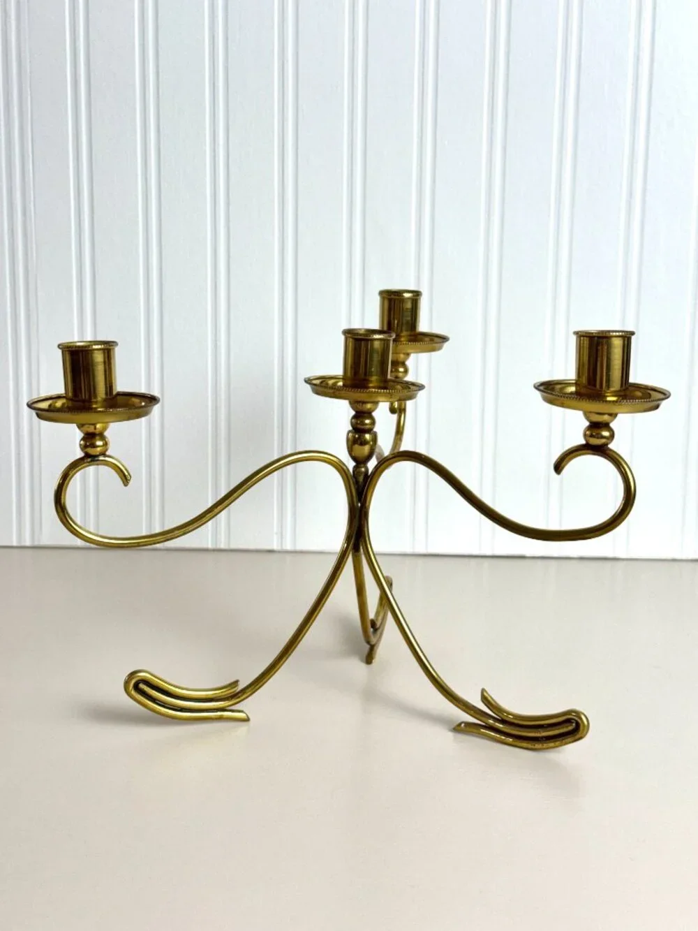 Vtg Brass Tone Candelabra 3-Arm 4-Candle Tapered Candle Stick Holder Dainty MCM
